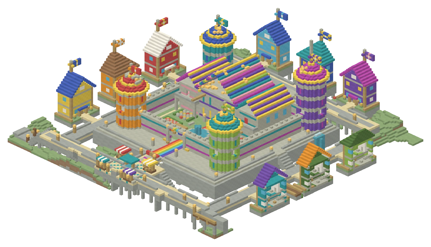 Isometric render of our rainbow castle, patterned spire flags and colorful town houses