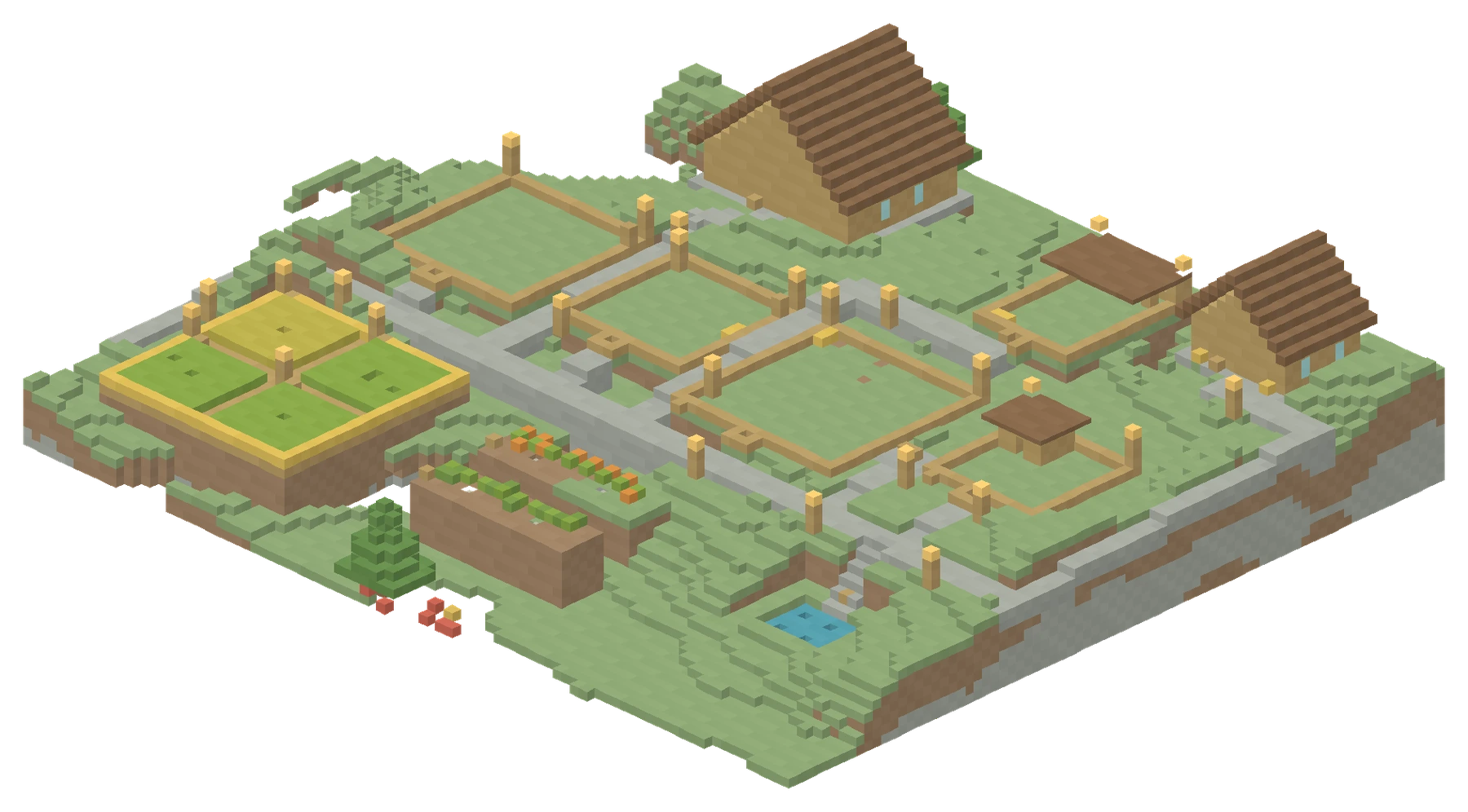 Our actual farm’s barn, cottage, fenced paddocks, irrigated fields and pond rendered as an isometric diorama
