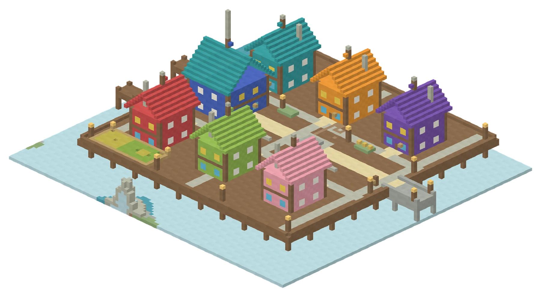 World-data render of the colorful buildings and roads at Lantern Bay