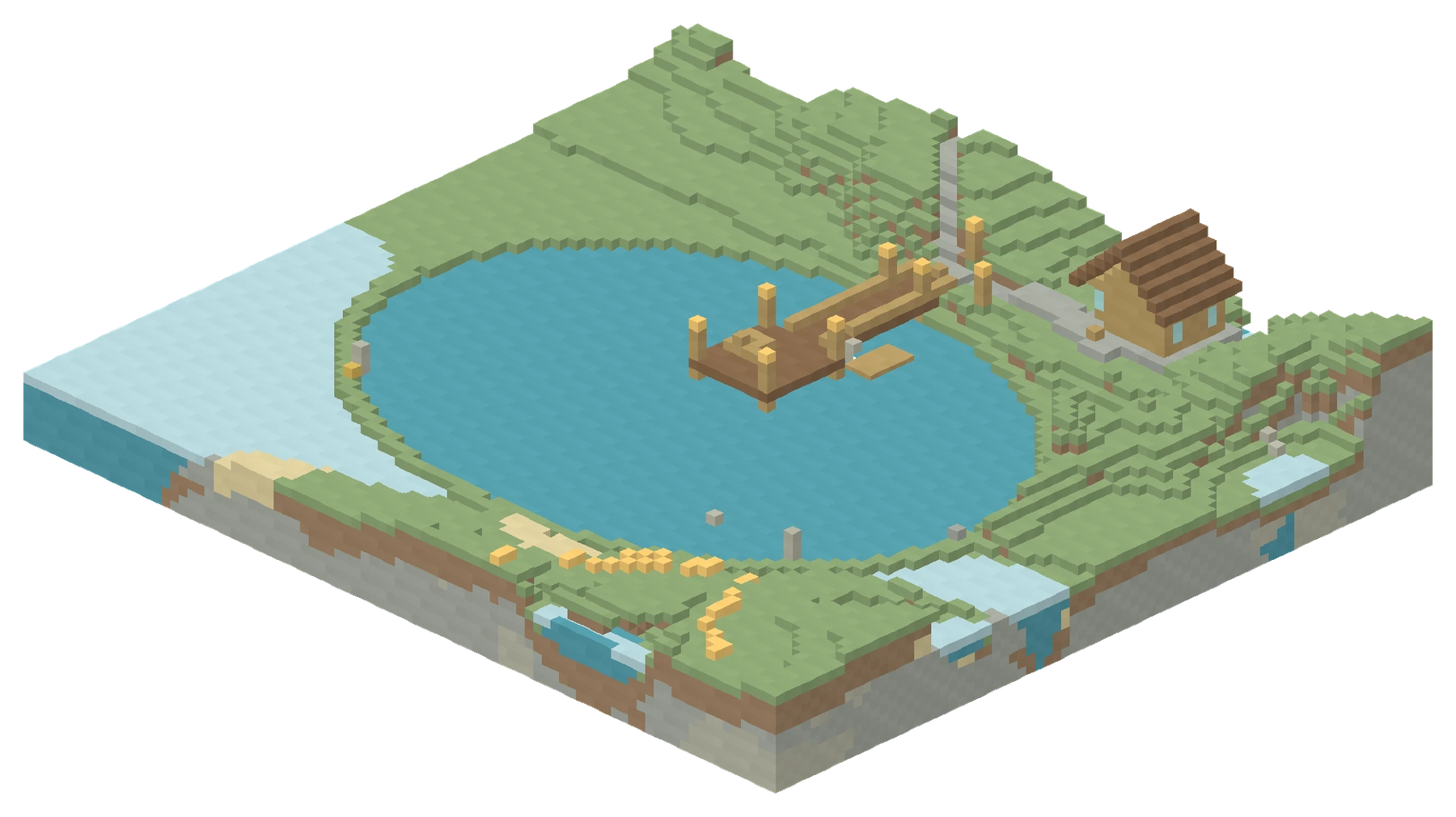 Isometric render of Willow Lake with its wooden pier, fishing hut, planted banks and the surrounding terrain