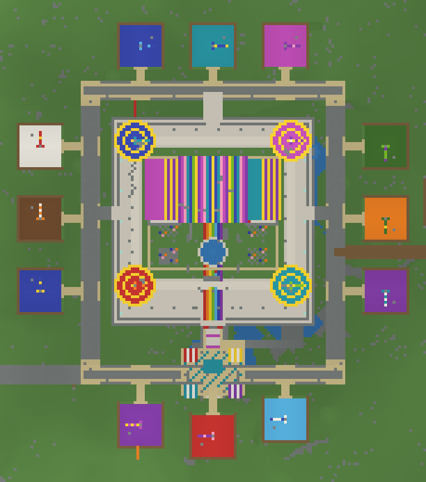 The original overhead map of the colorful castle and its surrounding houses